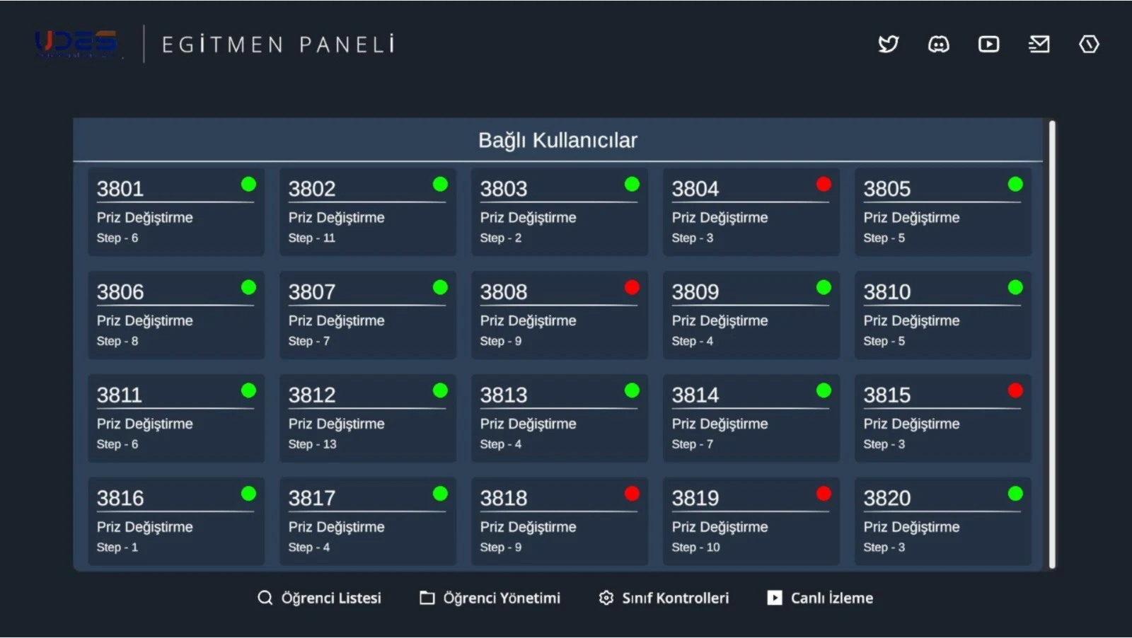 UDES Öğretmen Paneli - bağlı öğrenciler ve canlı görev takibi