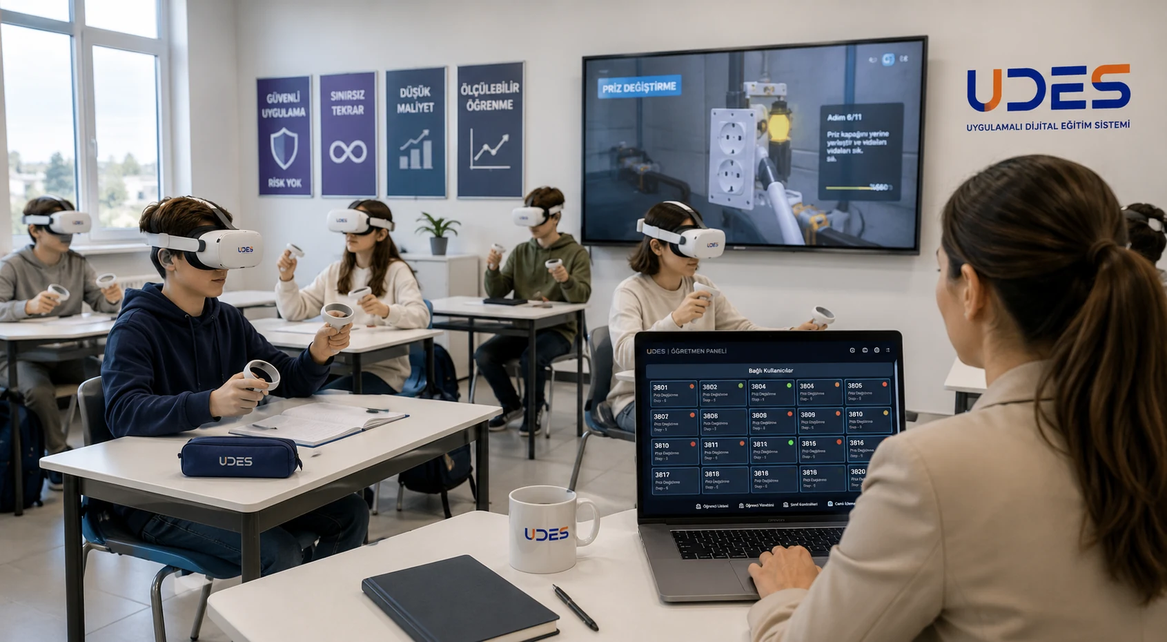 UDES sınıf kullanım senaryosu - öğrenciler VR uygulamasında, öğretmen panel üzerinden canlı takip yapıyor